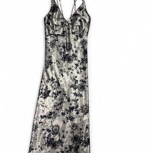 Silk-Look Black Floral Maxi Dress - Silver and Black